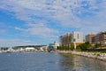 National Harbor waterfront panorama on a sunny morning. Royalty Free Stock Photo